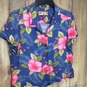 Caribbean Joe Floral Button Down Blouse Sz PL Pink Blue Crop